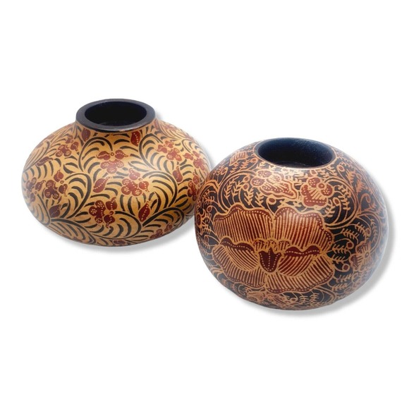 2 Tribal Gypsy Boho Hand Painted Batik Wood Candle Tealight Holder Balls Staging - Picture 7 of 16